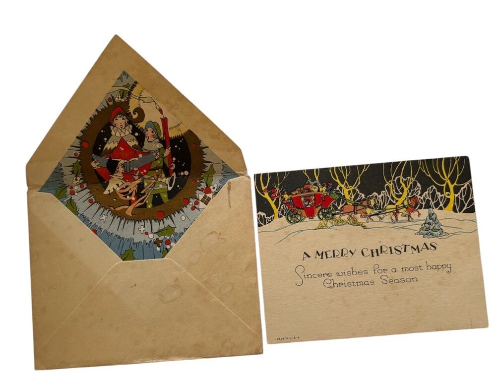 20's 30's Stage Coach with presents Christmas greeting card lined envelope Xmas